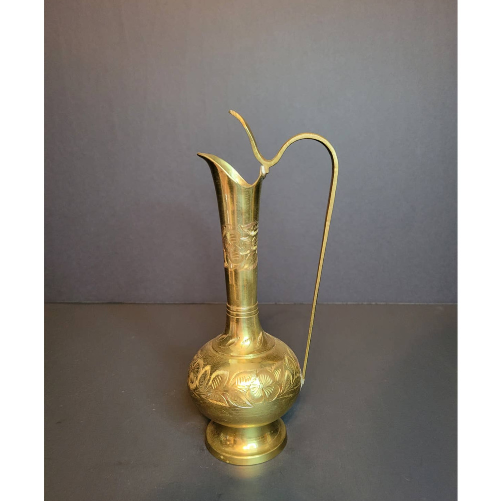 Vintage Flower Etched Brass Oil Ewer Skinny Vase Made in India